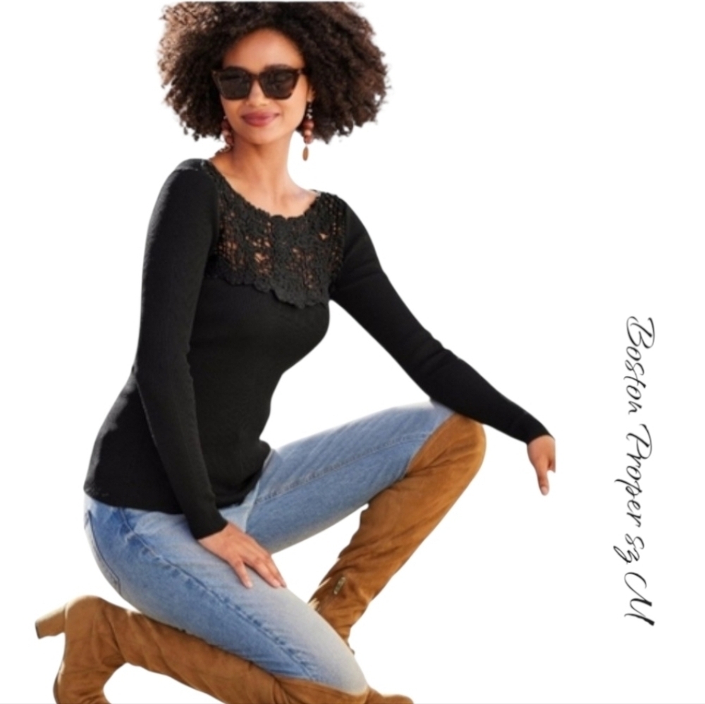 Boston Proper Black Ribbed Knit Sweater Crochet Lace Neckline Sz M